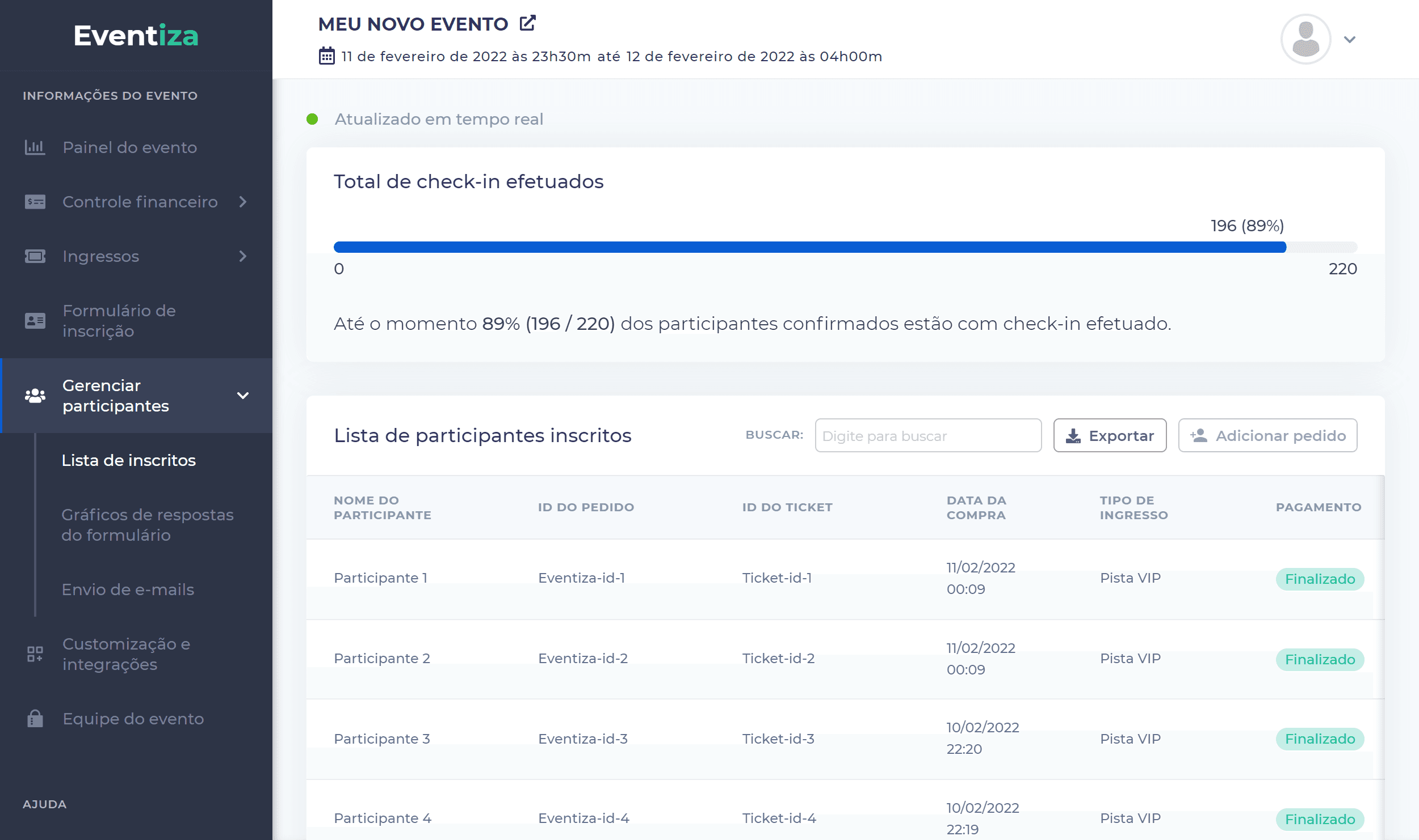 seção de gerenciamento de participantes