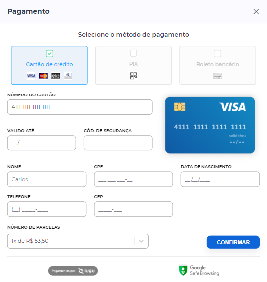 método de pagamento cartão de crédito